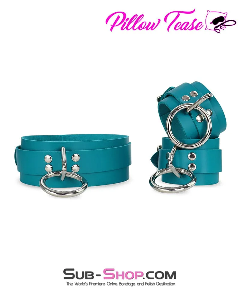 0166A      Leather Bondage Collar, Ocean Blue Color