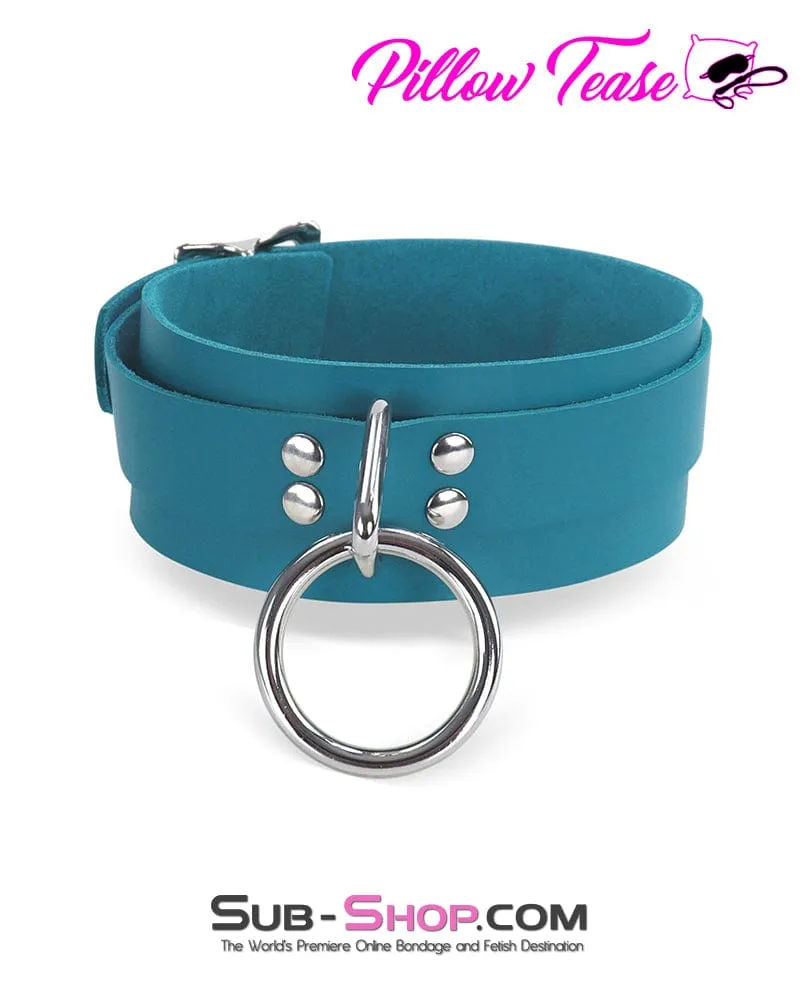 0166A      Leather Bondage Collar, Ocean Blue Color