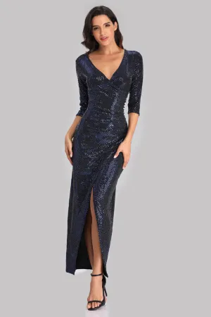 3/4 Sleeves V Neck Sheath Sequins Slit Prom Dress XU90820