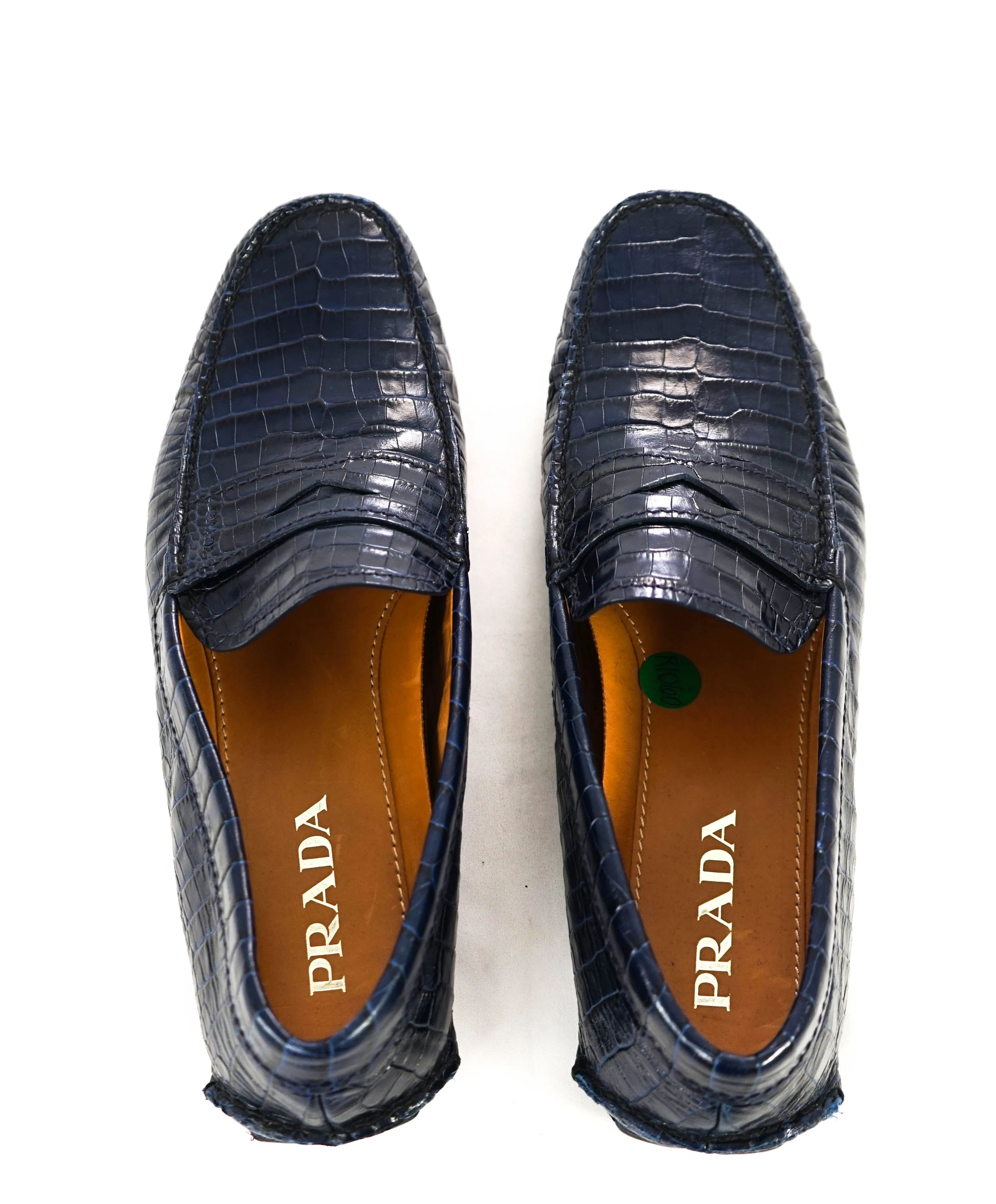 $850 PRADA - Croc & Logo Embossed Blue Penny Loafers - 9.5 (8.5)