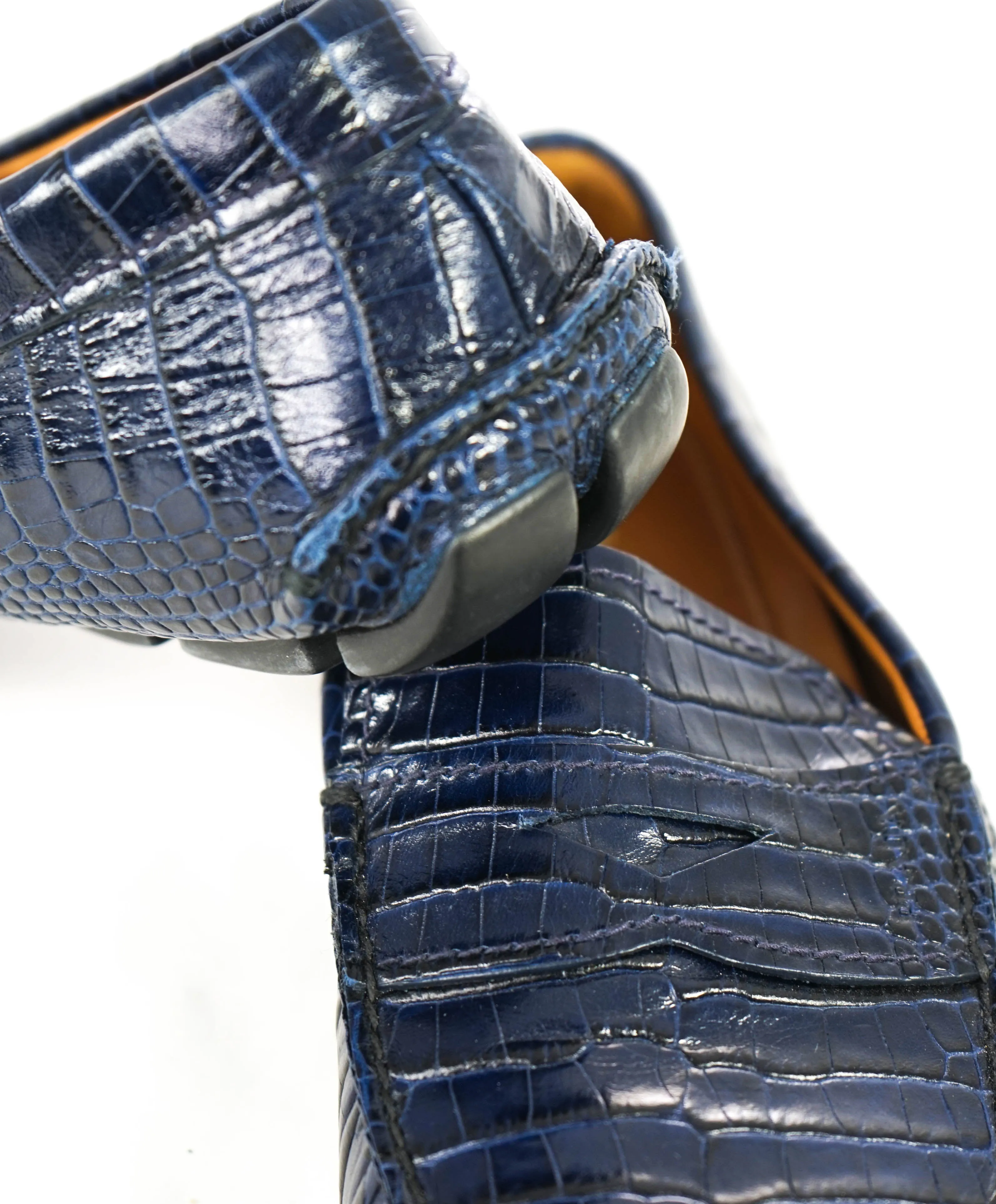 $850 PRADA - Croc & Logo Embossed Blue Penny Loafers - 9.5 (8.5)