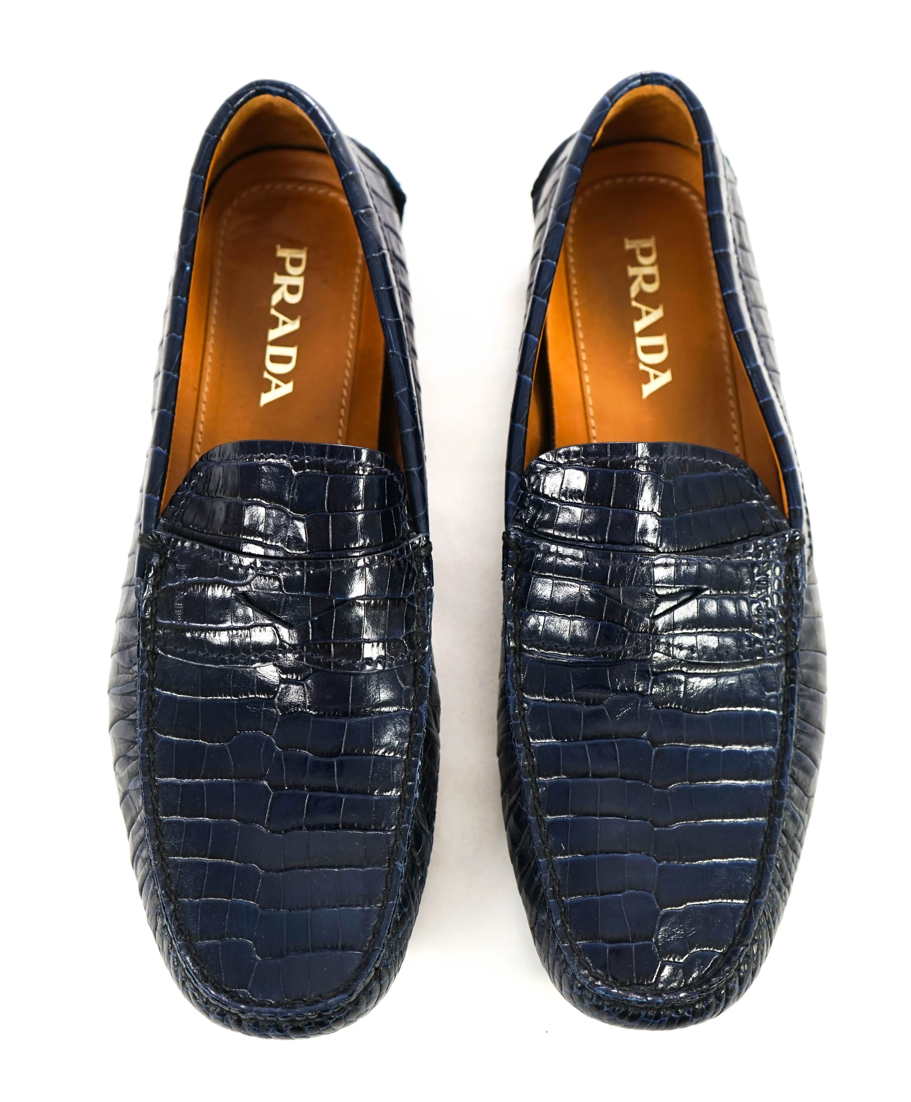$850 PRADA - Croc & Logo Embossed Blue Penny Loafers - 9.5 (8.5)