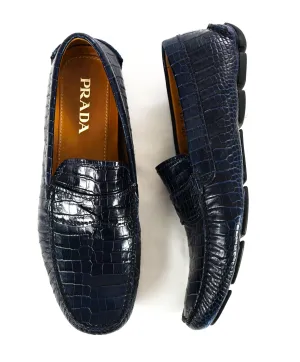 $850 PRADA - Croc & Logo Embossed Blue Penny Loafers - 9.5 (8.5)