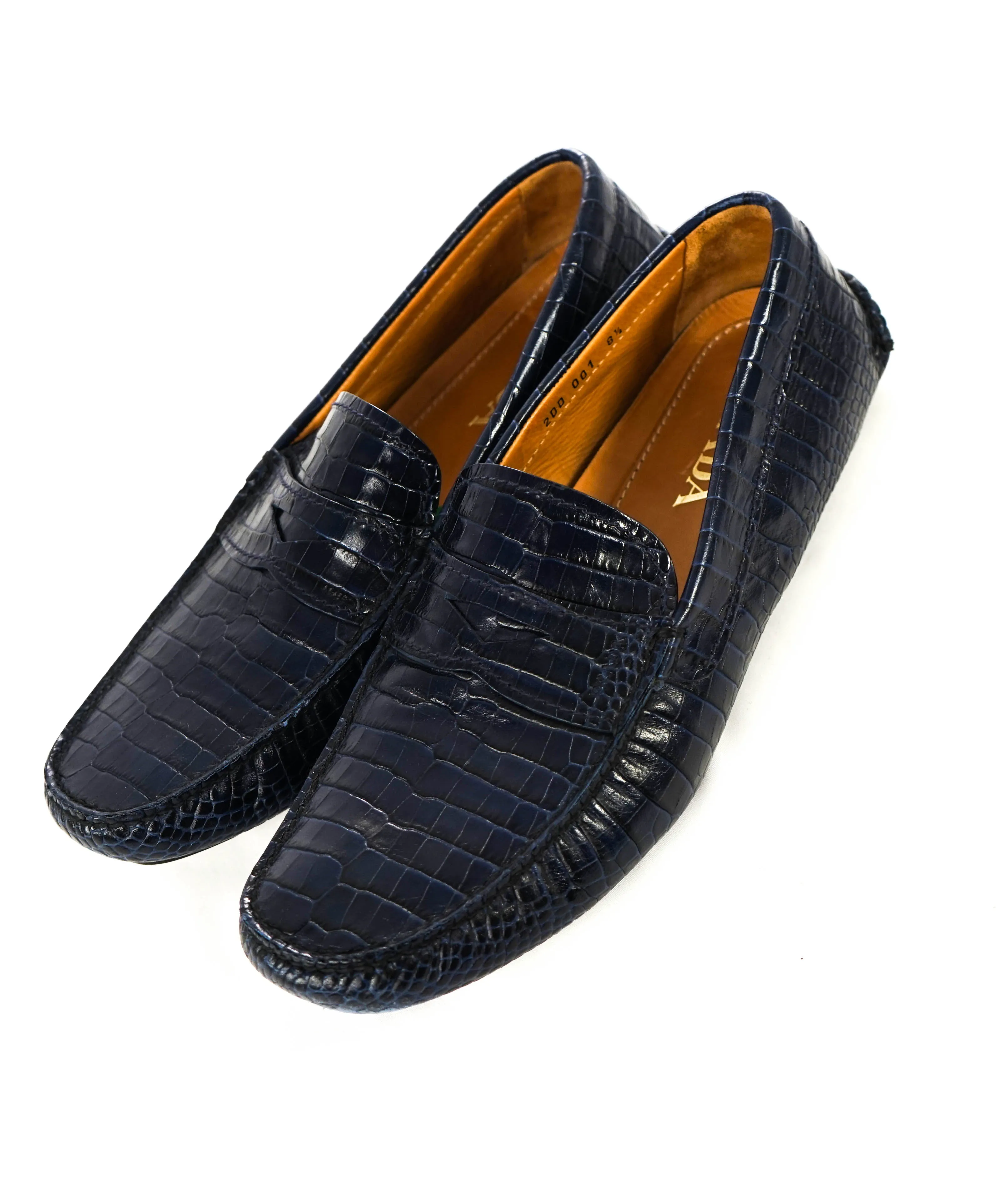 $850 PRADA - Croc & Logo Embossed Blue Penny Loafers - 9.5 (8.5)