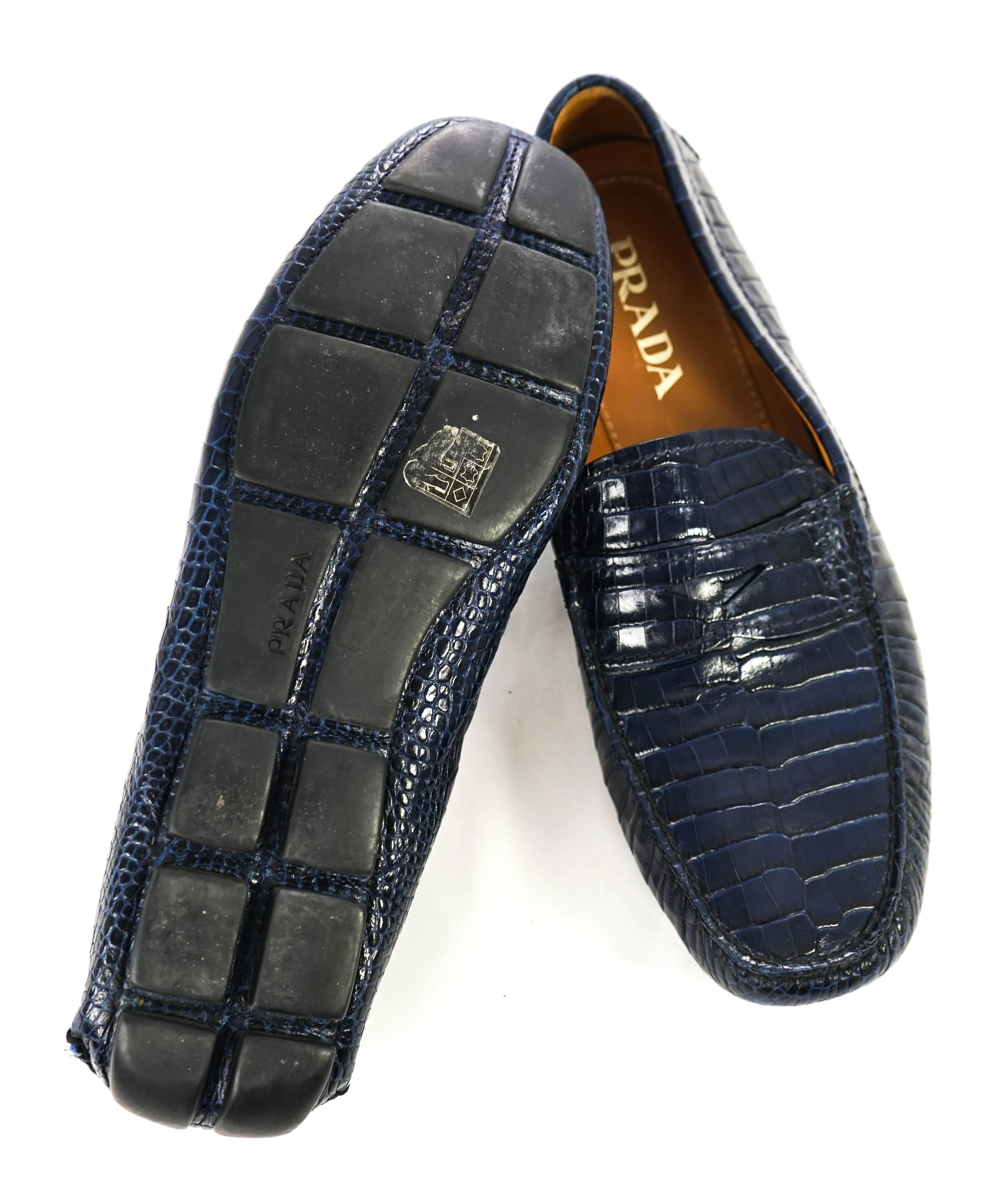 $850 PRADA - Croc & Logo Embossed Blue Penny Loafers - 9.5 (8.5)