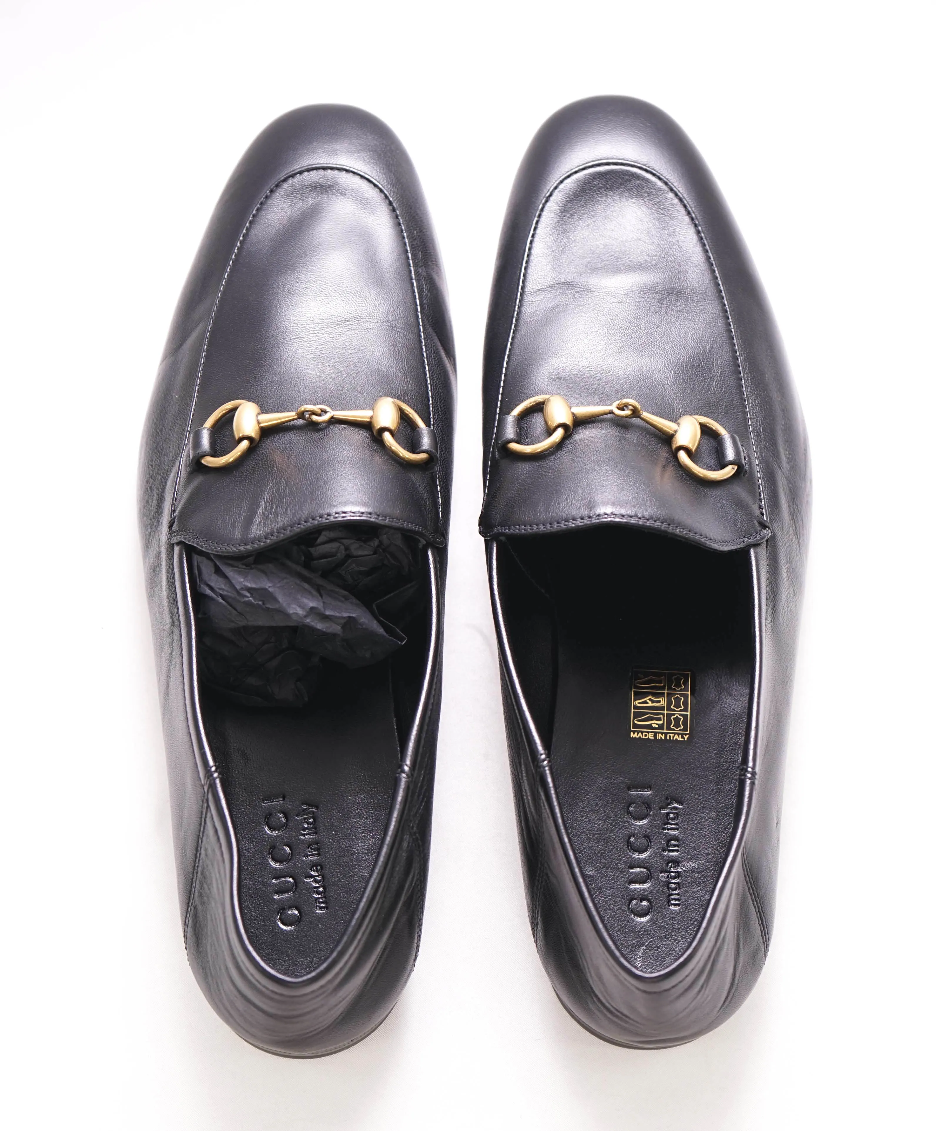 $920 GUCCI - "BRIXTON" Black/Gold ICONIC Horsebit Leather Loafers - 10US (9.5G)