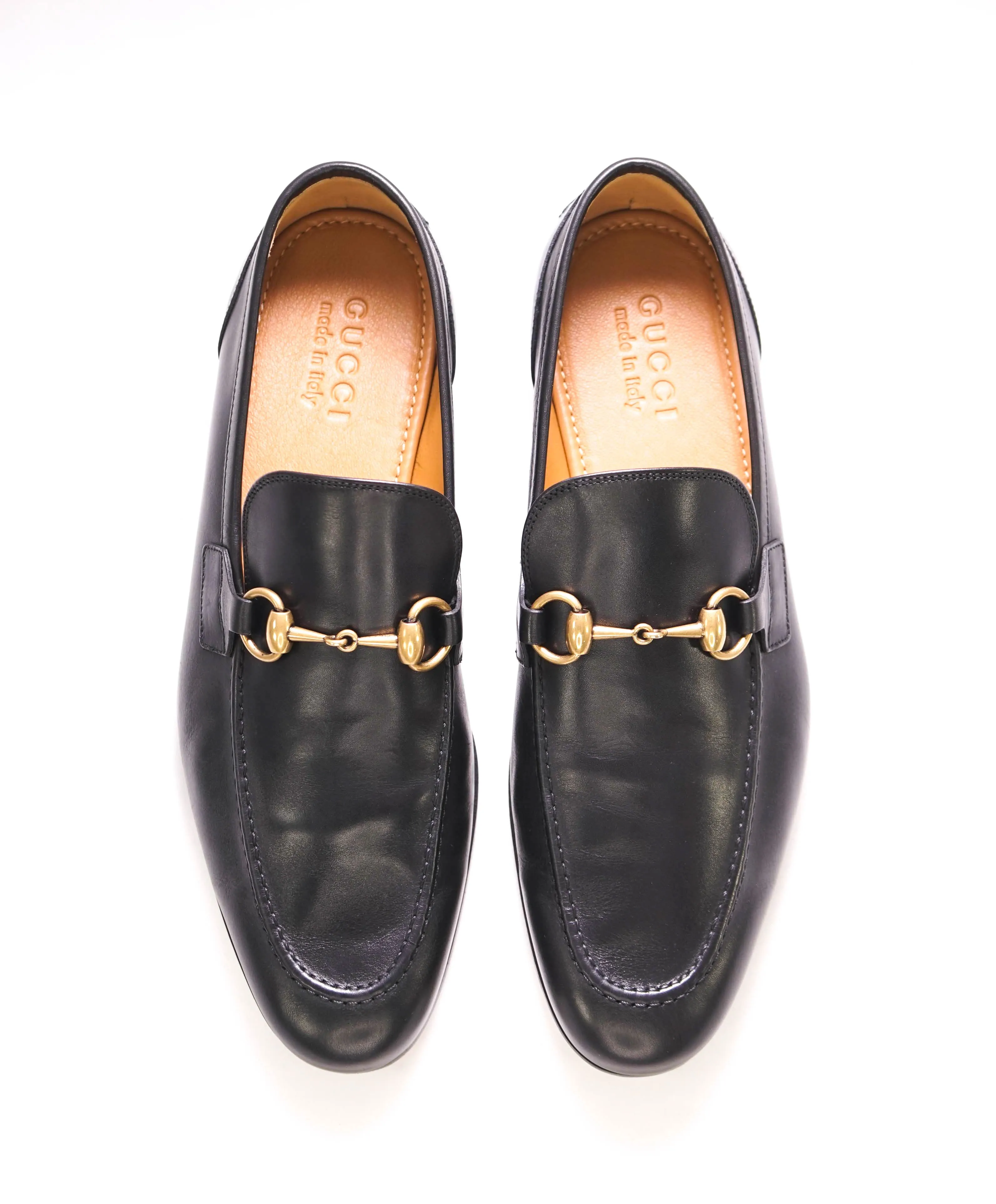 $920 GUCCI - "JORDAAN" Black/Gold ICONIC Horsebit Leather Loafers - 7.5US (7G)