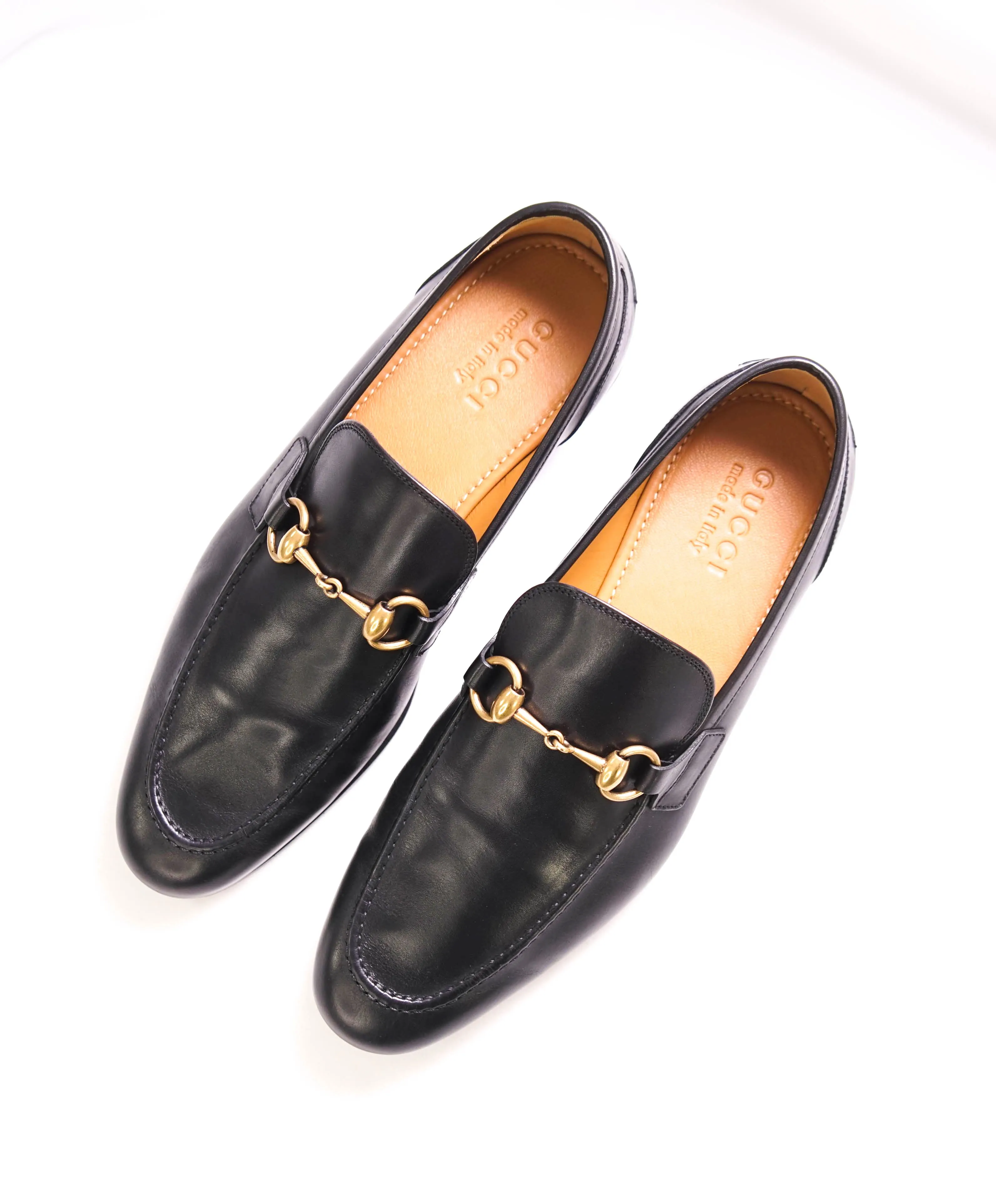 $920 GUCCI - "JORDAAN" Black/Gold ICONIC Horsebit Leather Loafers - 7.5US (7G)