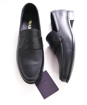 $950 PRADA - Black Saffiano Leather Penny Loafers - 10.5US (9.5 Prada)