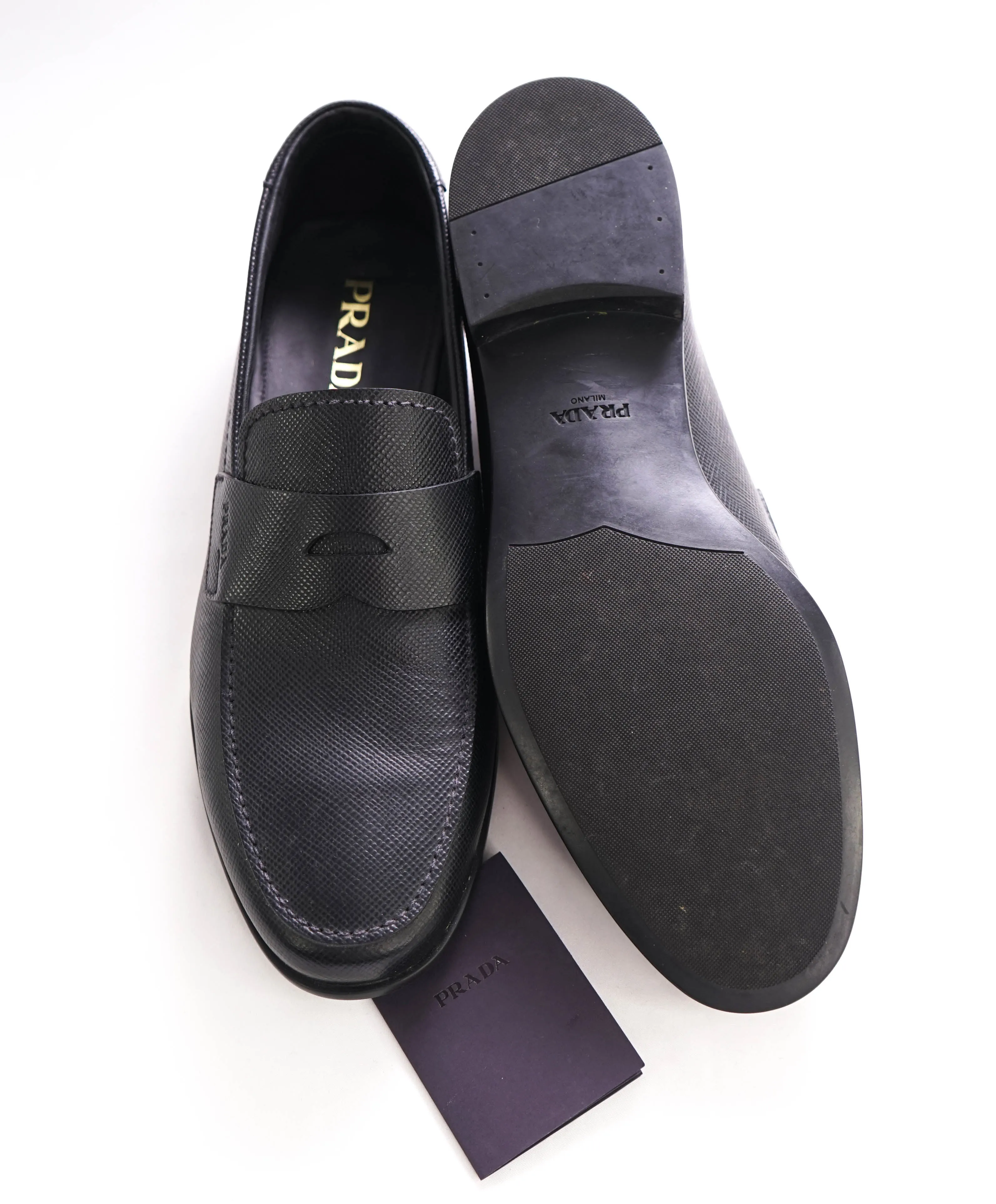 $950 PRADA - Black Saffiano Leather Penny Loafers - 10.5US (9.5 Prada)
