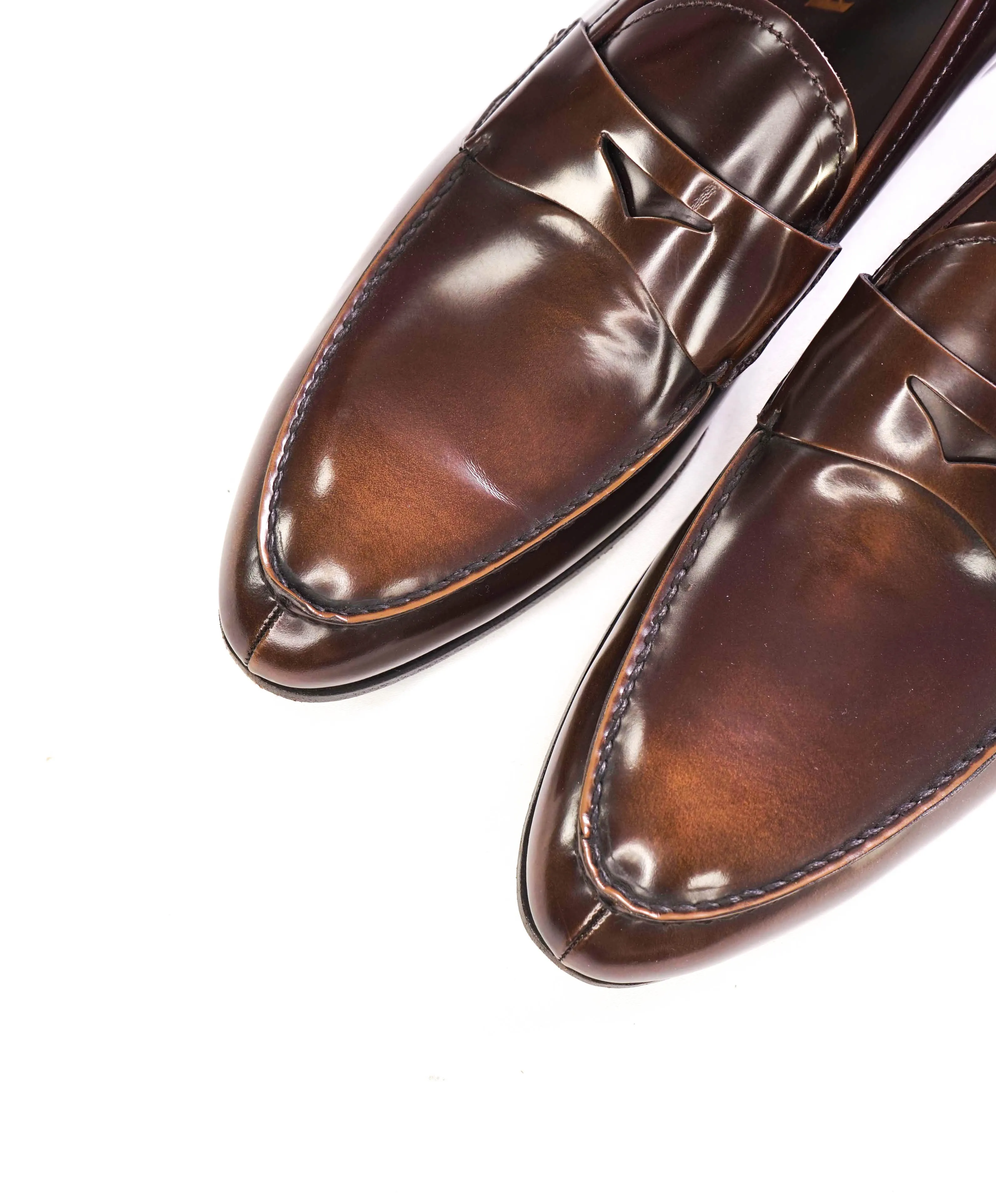 $950 PRADA - Brown Leather Penny Loafers Hand Patina - 12 US (11 Prada)