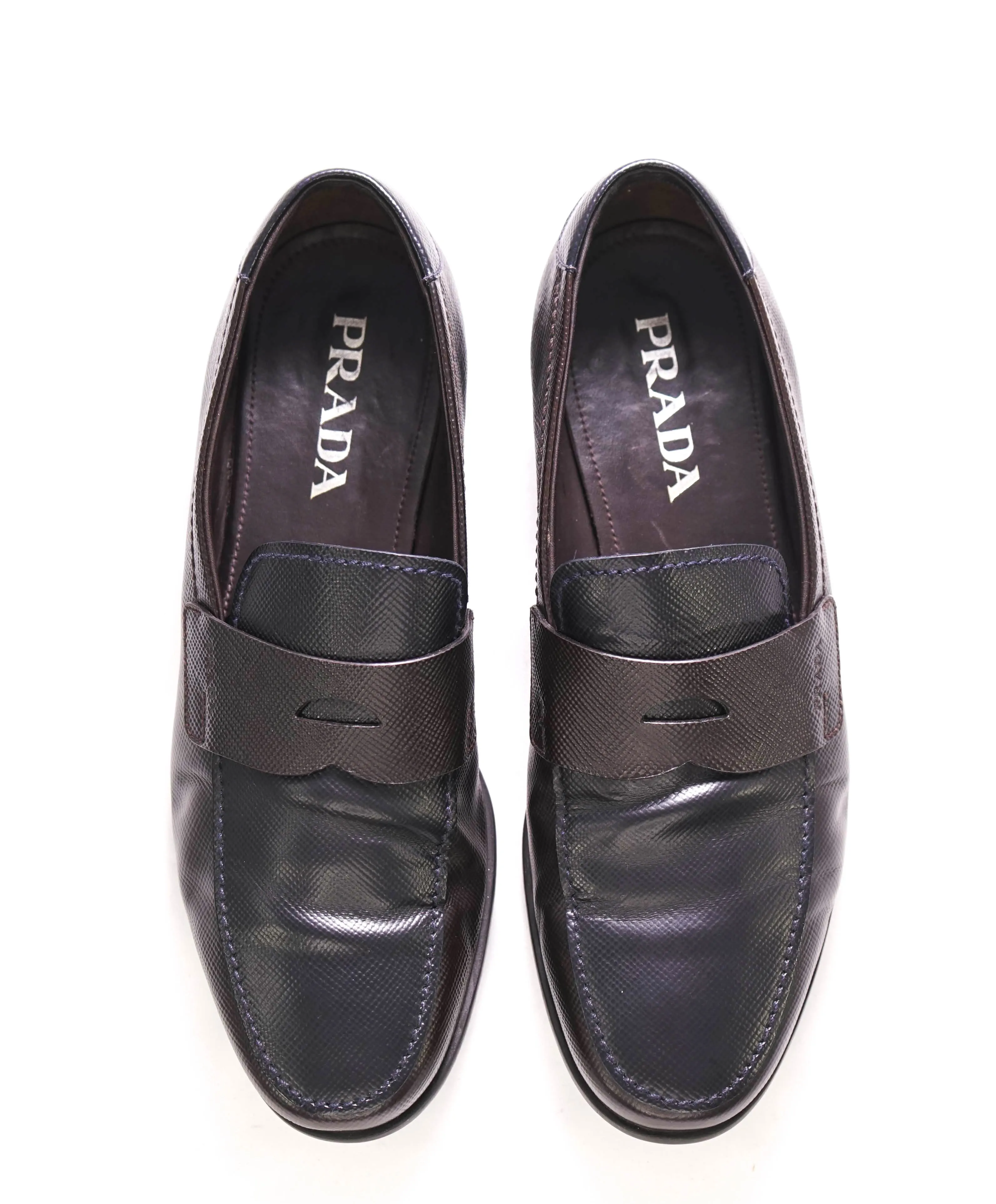 $950 PRADA - Brown/Navy Saffiano Leather LOGO Loafers - 9.5 US (8.5 Prada)