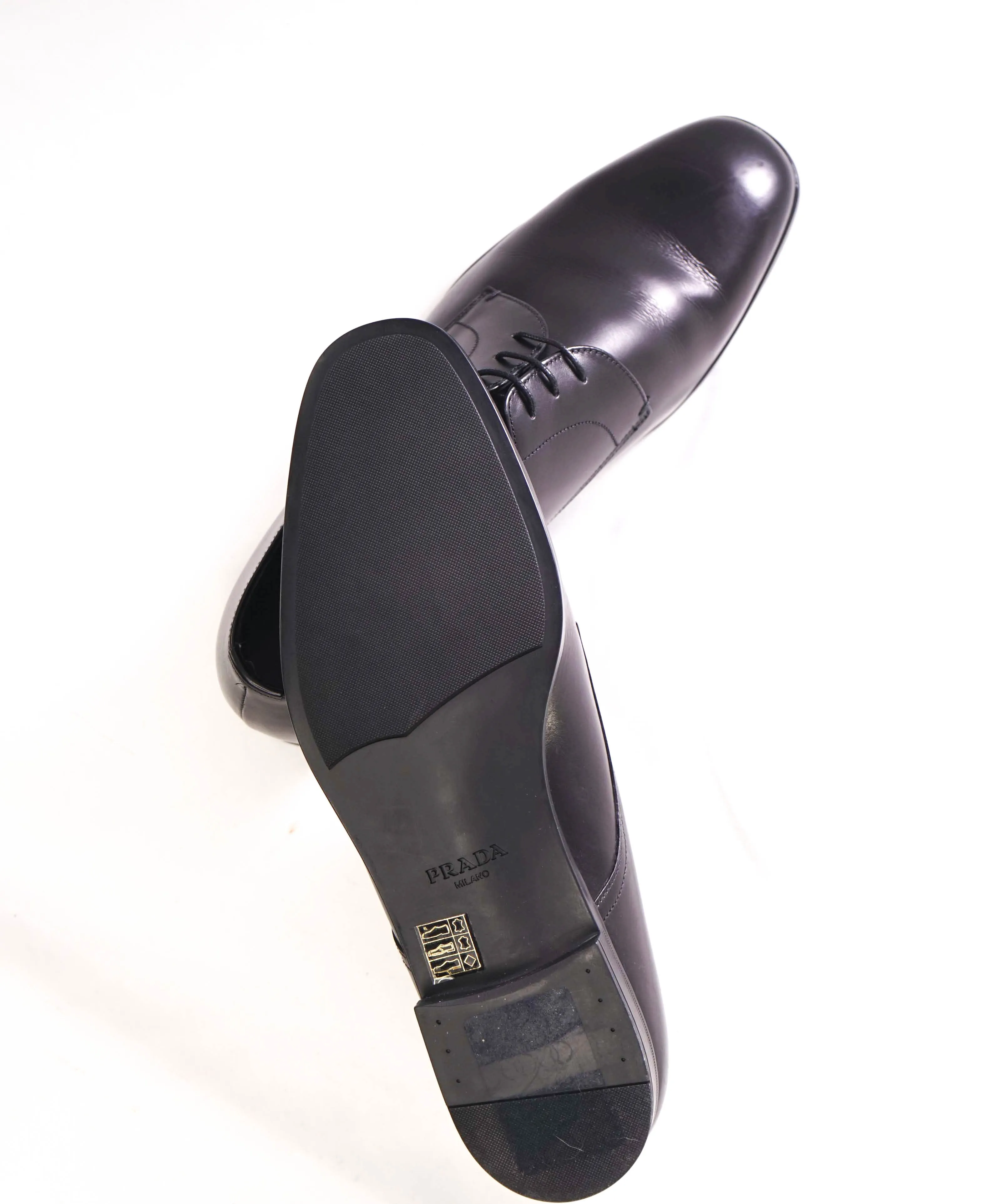 $980 PRADA - Leather Cap Toe "CALZATURE" Oxfords W Logo Inset Heel - 10 US