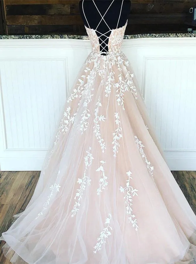 A line Appliques Prom Dresses Spaghetti Straps Long Evening Dress PSK203