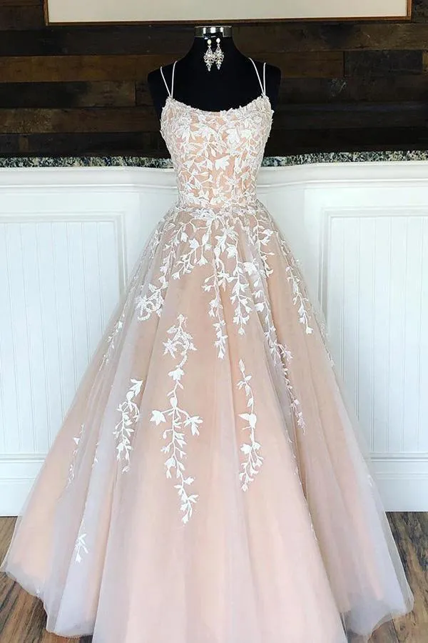A line Appliques Prom Dresses Spaghetti Straps Long Evening Dress PSK203