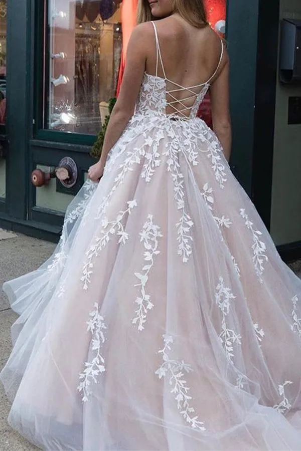 A line Appliques Prom Dresses Spaghetti Straps Long Evening Dress PSK203