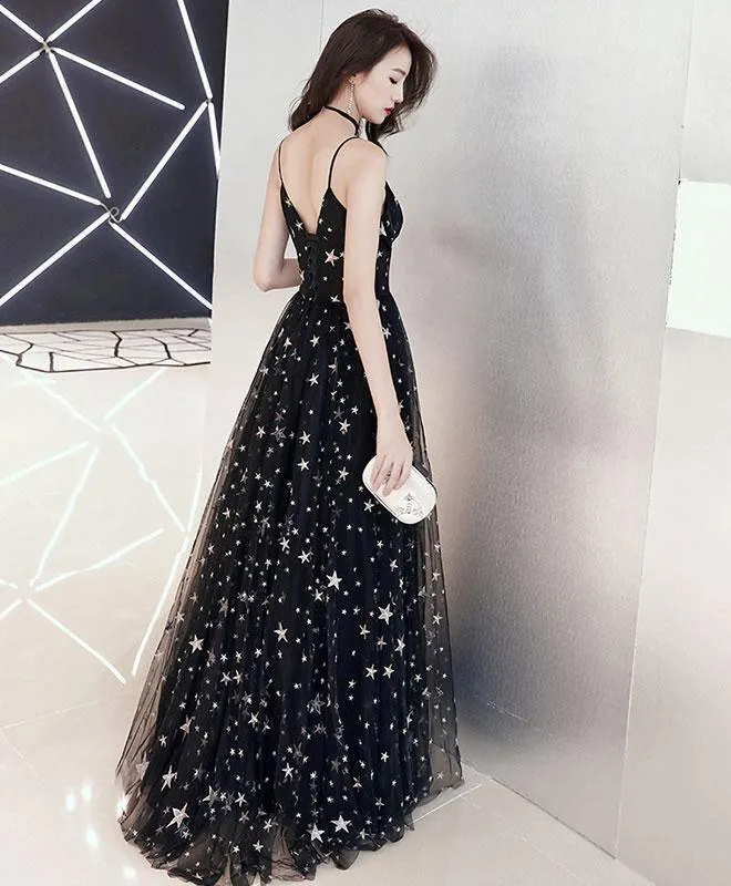 A-line Floor-length Star Lace Beautiful Long Black Chic Prom Dress PSK173