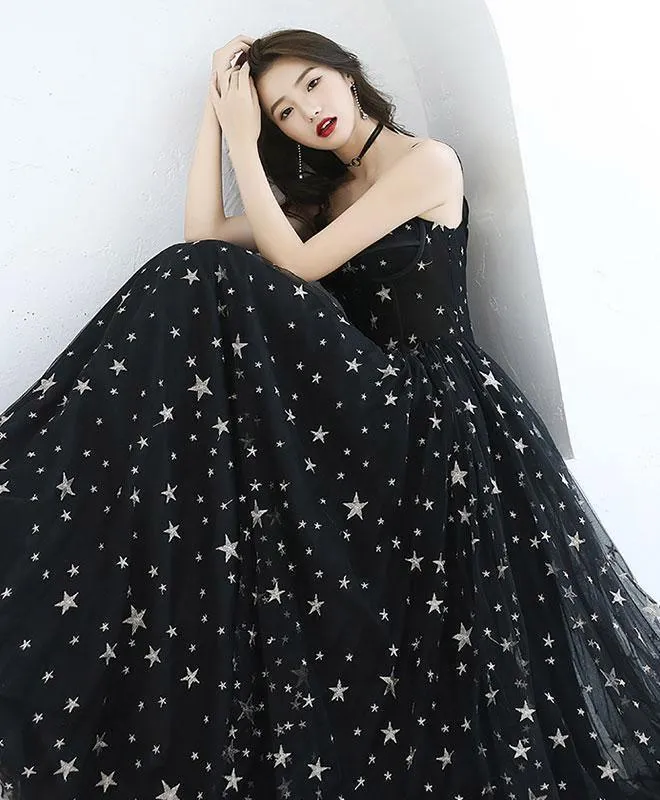 A-line Floor-length Star Lace Beautiful Long Black Chic Prom Dress PSK173