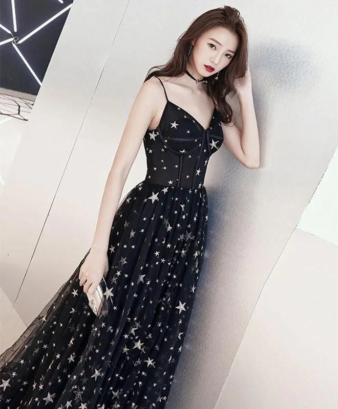A-line Floor-length Star Lace Beautiful Long Black Chic Prom Dress PSK173