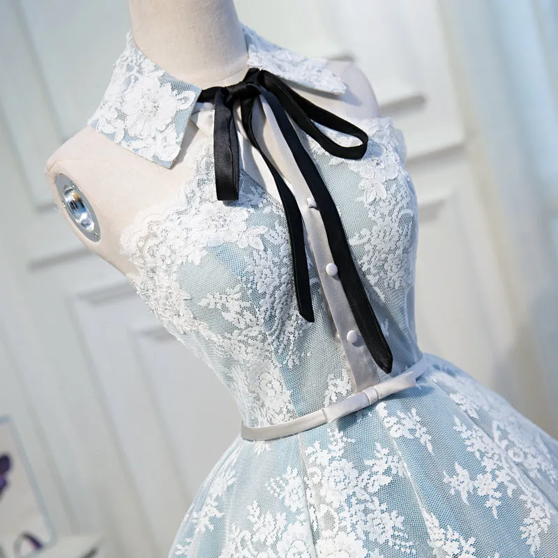 A Line Lace Appliques Halter Homecoming Dress, Short Party Dress OKN56