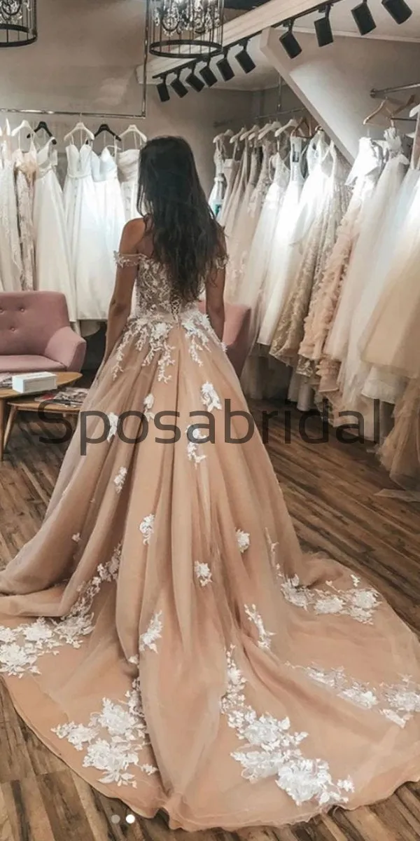 A-line Lace Off the Shoulder Champagne Vintage Wedding Dresses WD0480