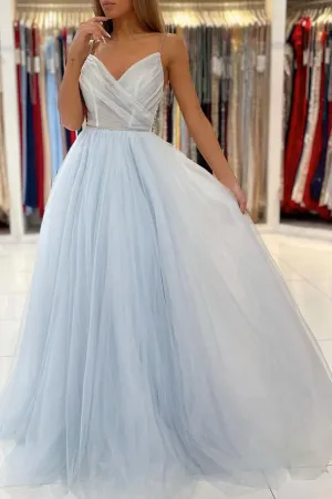 A Line Light Blue Tulle Long Prom Dresses, Evening Dress SHK005