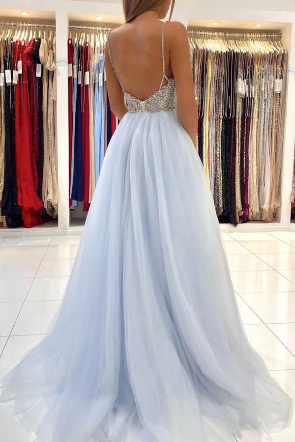 A Line Light Blue Tulle Long Prom Dresses, Evening Dress SHK005