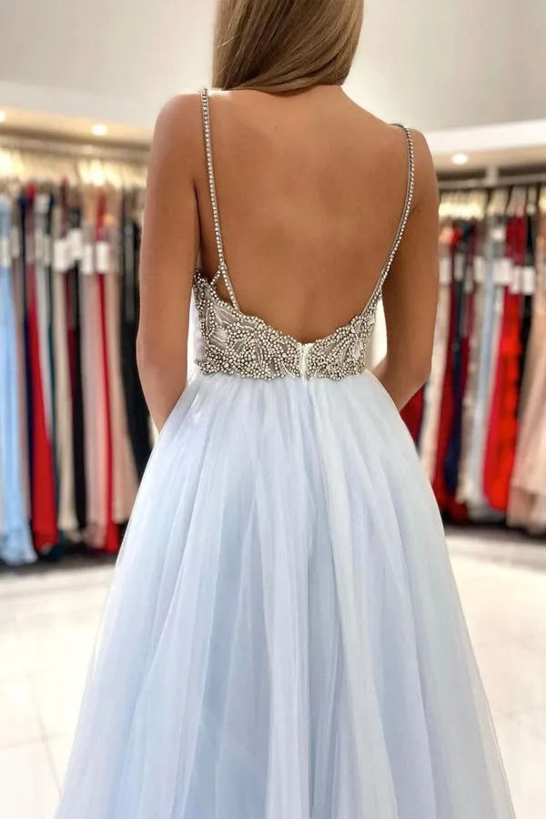 A Line Light Blue Tulle Long Prom Dresses, Evening Dress SHK005
