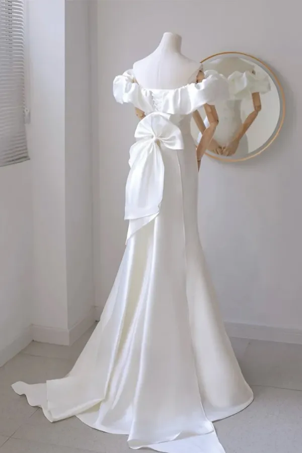 A Line Off Shoulder Satin White Long Prom Dress, White Long Party Dress APP1092