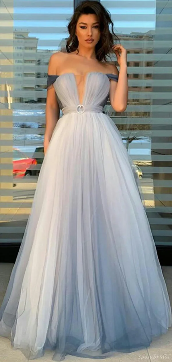 A-line Off the Shoulder Tulle Modest Evening Prom Dress PD2346