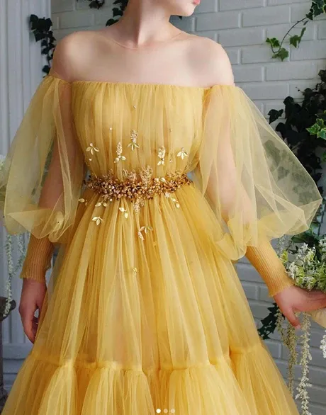 A-line Off-the-shoulder Yellow Tulle Long Prom Dress Evening Dress OKS56