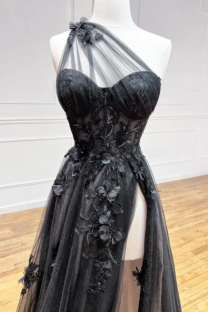 A-line One Shoulder 3d Lace Appliques Black Long Prom Dress TP1230