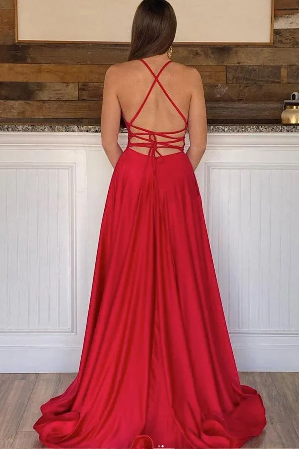 A-line Red Satin Long Prom Dress V Neck Split Evening Dress TP1086