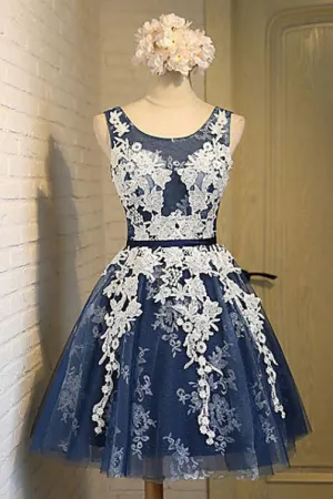 A-line Scoop Knee-length Navy Blue Organza Lace Up Back Homecoming Dresses with Appliques OK377
