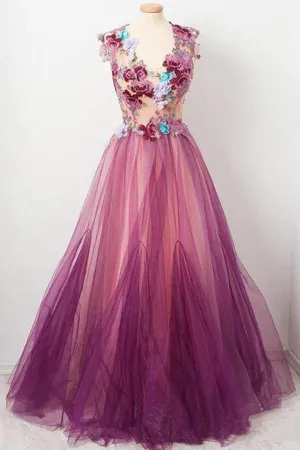 A line Scoop neck Appliqued Burgundy Tulle Flower Prom/Party Dress TP0906