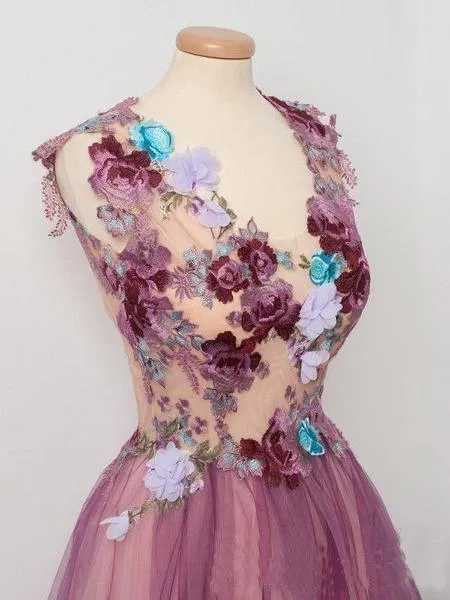 A line Scoop neck Appliqued Burgundy Tulle Flower Prom/Party Dress TP0906