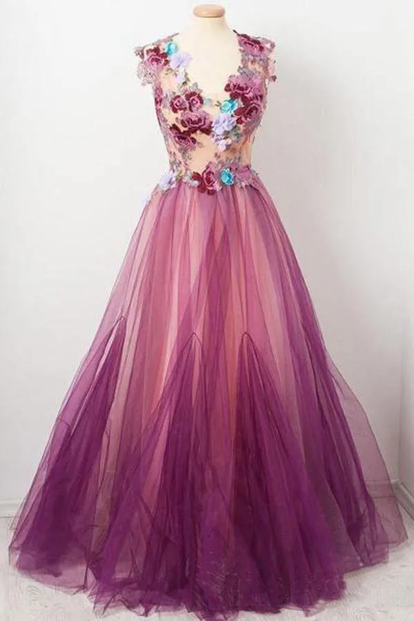 A line Scoop neck Appliqued Burgundy Tulle Flower Prom/Party Dress TP0906