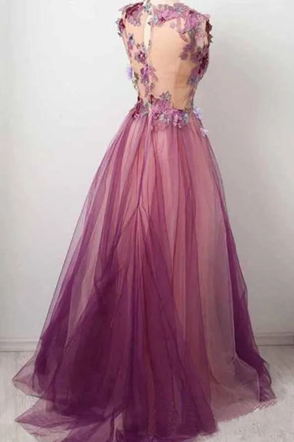 A line Scoop neck Appliqued Burgundy Tulle Flower Prom/Party Dress TP0906