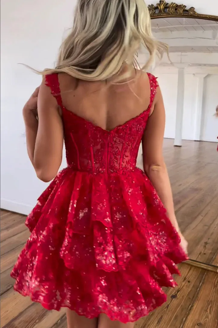 A-Line Sequins Appliques Red Short Homecoming Cocktail Dress HD0203