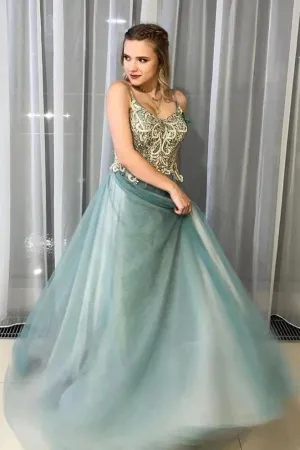 A-Line Spagahetti Straps Sweetheart Beades Long Prom Dress Formal Evening Dress OK1376