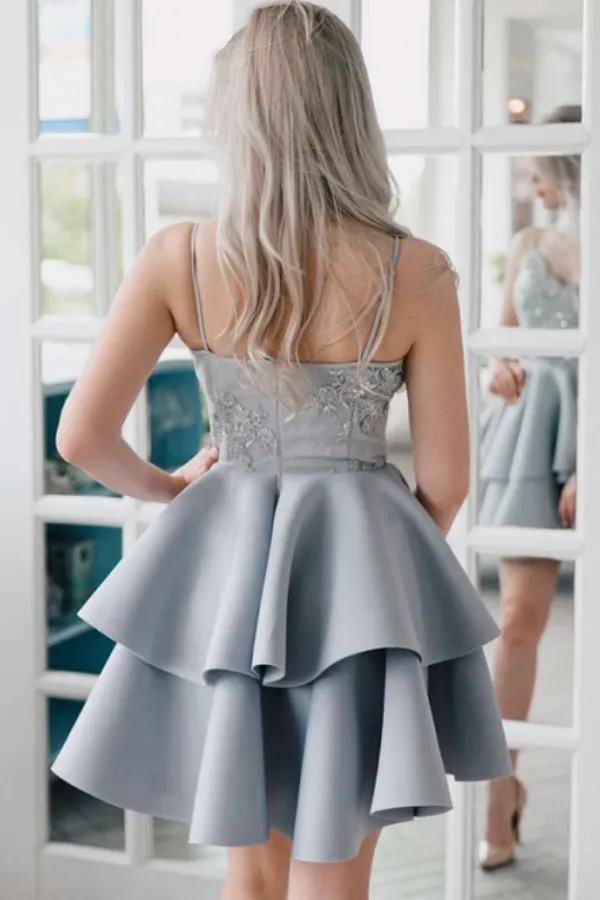 A Line Spaghetti Straps Appliques Top Short Homecoming Dresses With Pleats APH0226