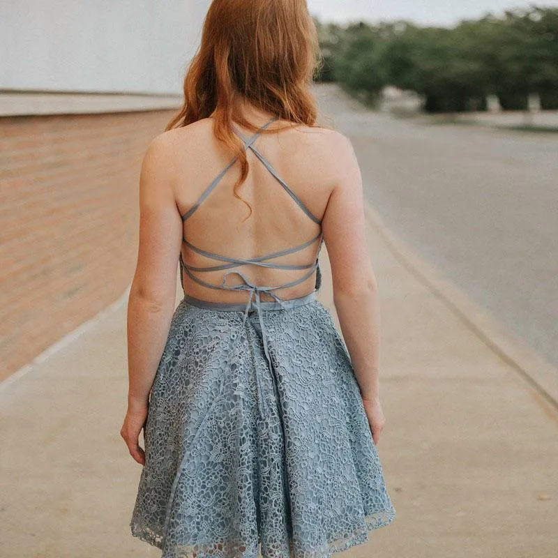 A-Line Spaghetti Straps Backless Blue Lace Homecoming Dress HD0017