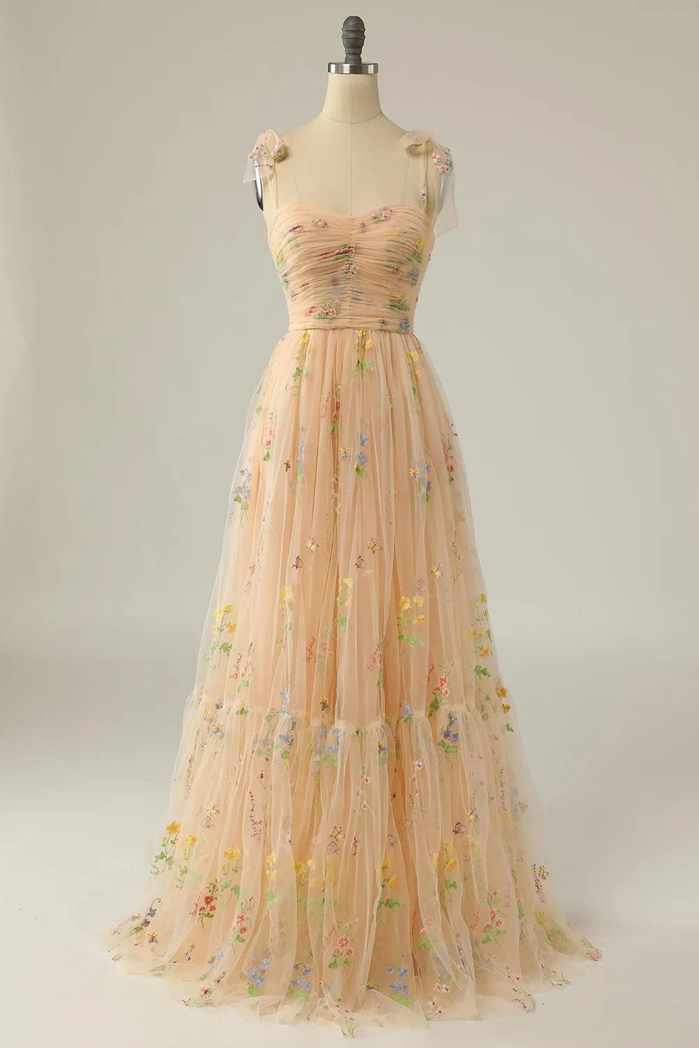 A Line Spaghetti Straps Champagne Prom Dress with Appliques PSK331