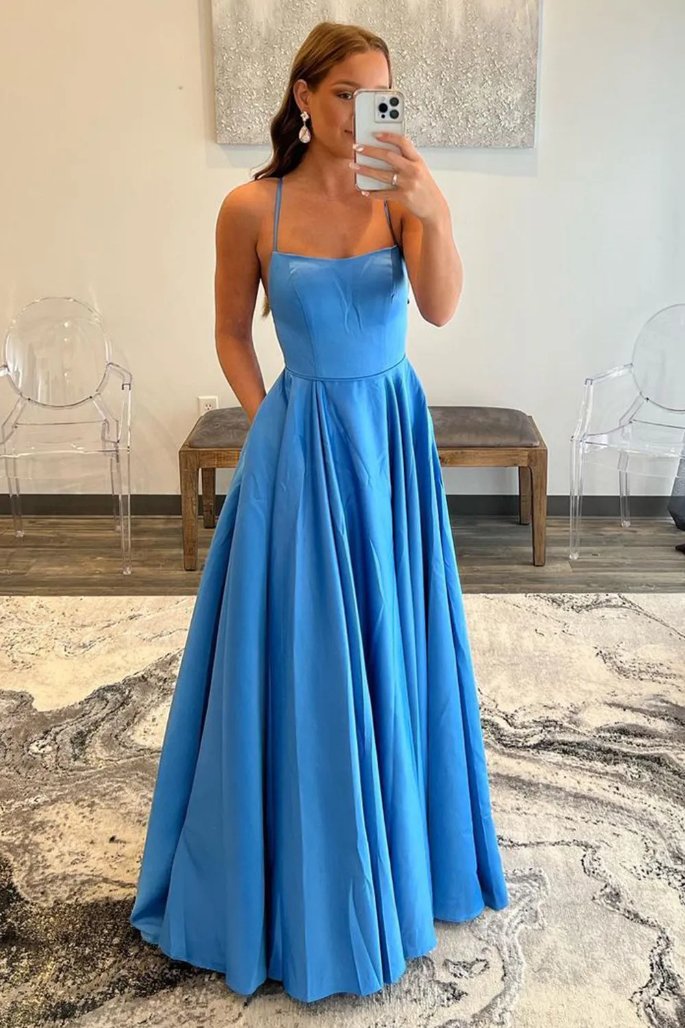 A-Line Spaghetti Straps Simple Blue Prom Dress with Pockets TP1246