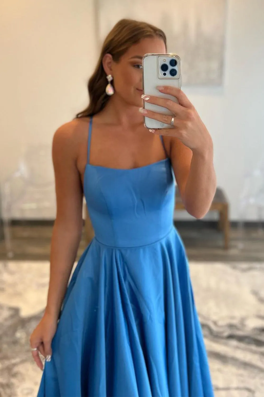 A-Line Spaghetti Straps Simple Blue Prom Dress with Pockets TP1246