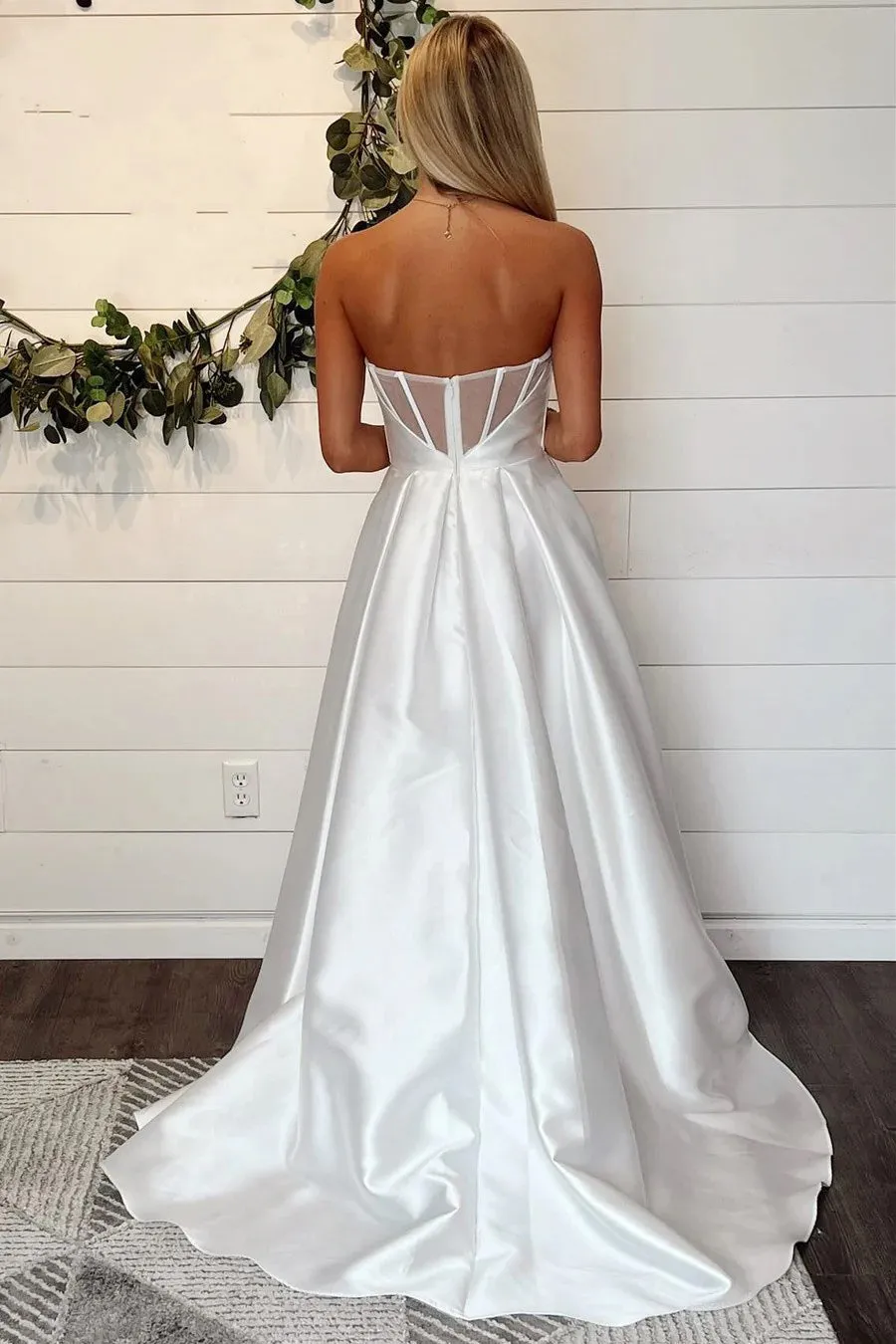 A-Line Strapless White Wedding Dress Simple Wedding Dresses WD717