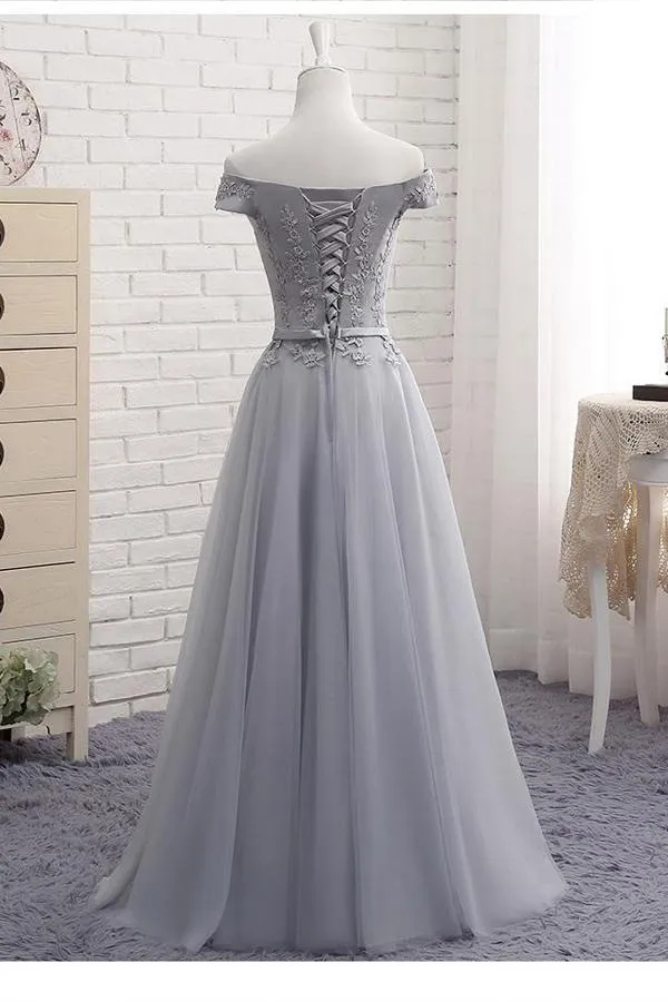 A-Line Sweetheart Gray Off The Shoulder Tulle Lace-Up Prom Dress, Evening Dress YZ211037