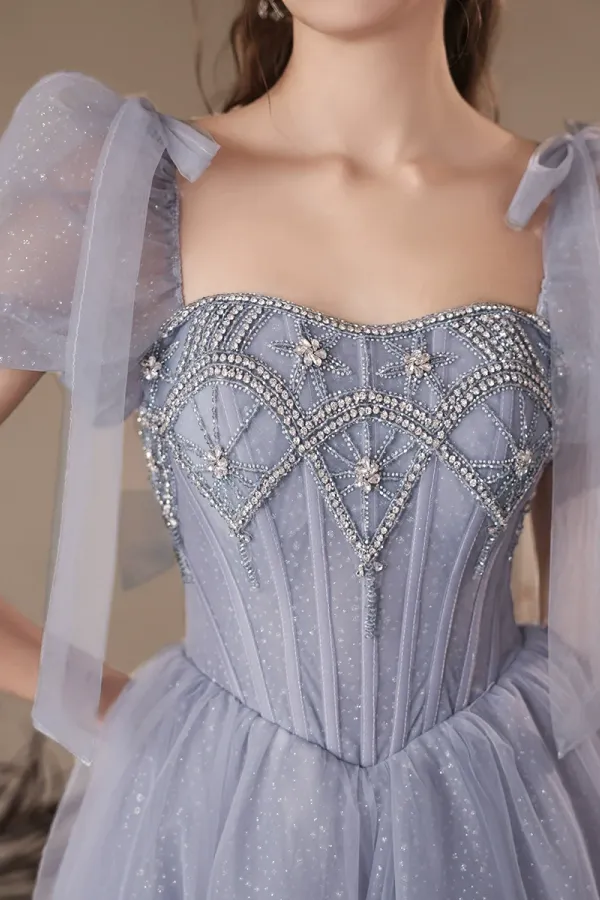 A Line Sweetheart Neck Tulle Beads Blue Long Prom Dress, Blue Long Evening Dress APP0933