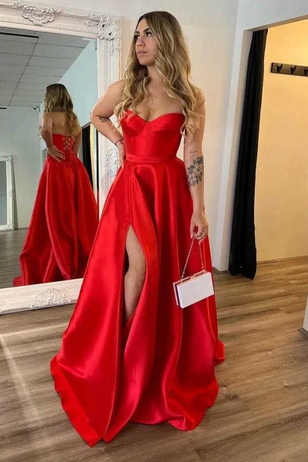 A Line Sweetheart Red Satin Long Prom Dress with Slit TP1399