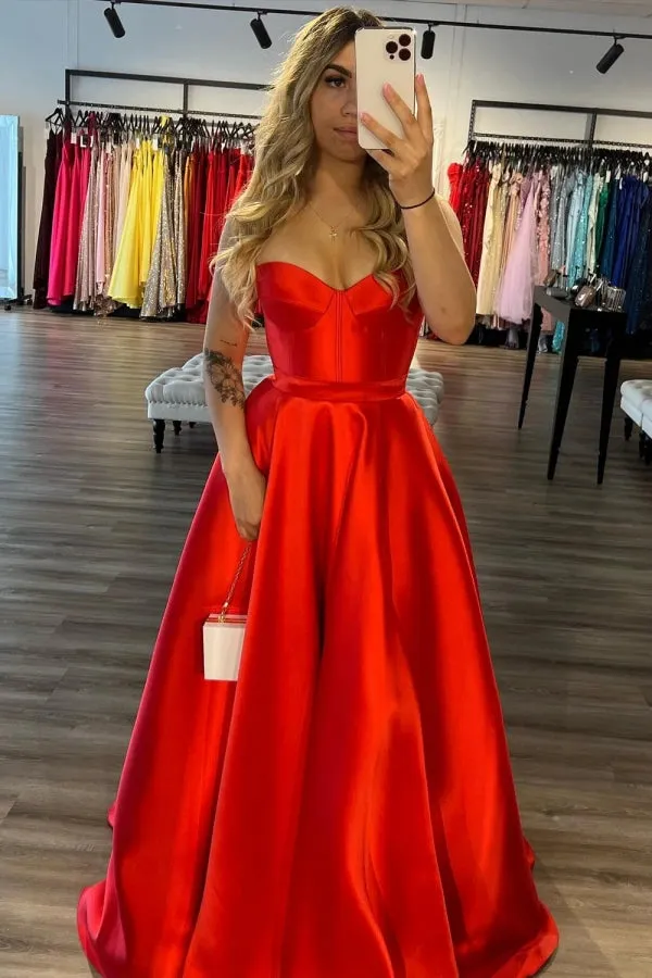 A Line Sweetheart Red Satin Long Prom Dress with Slit TP1399